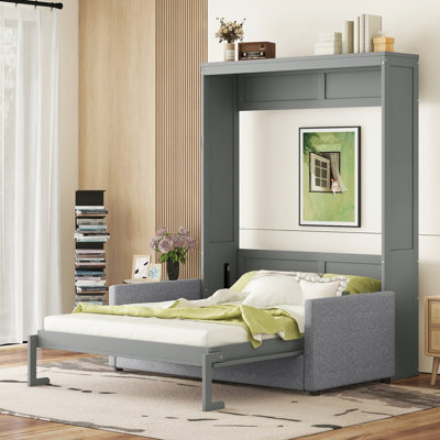 Grand mur gris avec coussin, mélanges et fonctionnalité, matelas facile à ranger, convient aux petits espaces de vie, appartements de conception peu encombrants, mécanisme à piston double