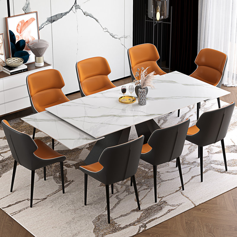  Ensemble de table de salle à manger moderne avec plateau extensible 78,7 po - 110 po et 8 chaises en similicuir, Orange