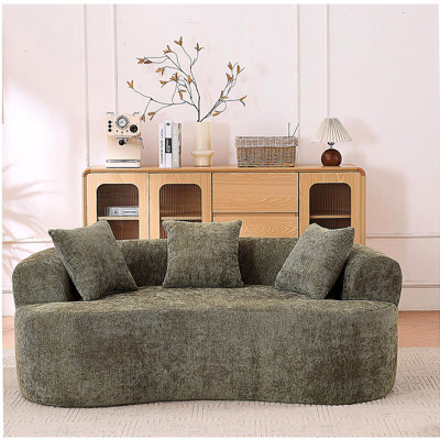 Canapé en forme de croissant, conception moderne à dossier bas avec coussins profonds, comprenant un canapé à trois places rempli de mousse qui ne nécessite aucun assemblage. (Tissu chenille vert)