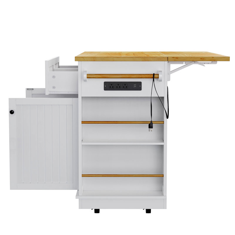 48Inch Large Kitchen Island With 2 Bar Stools, Power Outlet, Door Internal Storage Rack, Kitchen Storage Cart On 5 Wheels With Drop Leaf, 5 Open Side Racks, 2 Drawers,For Kitchen,Dining Room