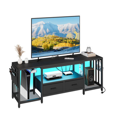 TV Stand for 65 Inch TV, LED Entertainment Centre with Fabric Drawers and Power Outlets, Modern Industrial TV Media Console for Living Room, Bedroom Storage Cabinet - Black