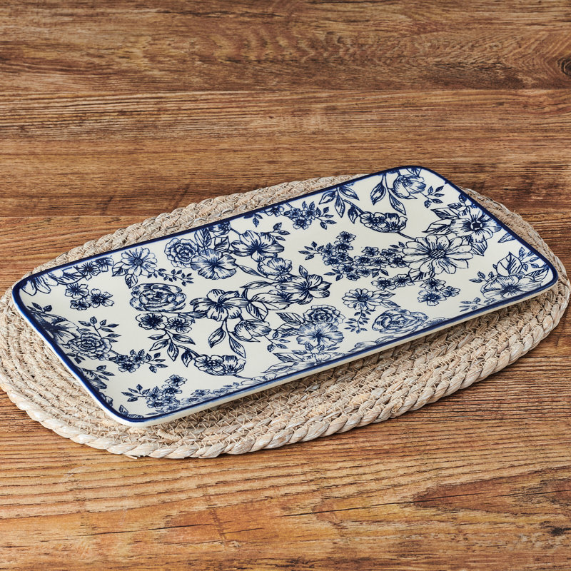 Gabriela Blue and White Floral Ceramic Rectangular Platter