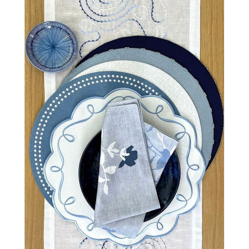 Ribbon Twirl Cotton Blend Scalloped Placemats, Ice Blue