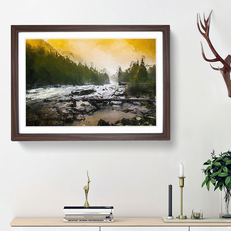 Mountain Stream View in Abstract - Picture Frame Graphic Art Print, 27cm H x 36cm W x 2cm D, Walnut Framed