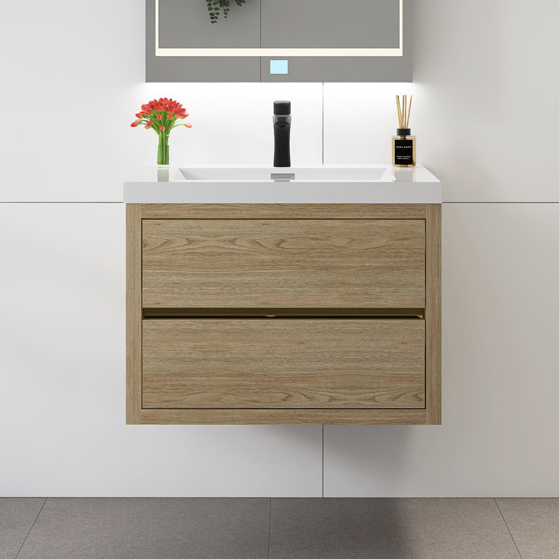 Meuble-lavabo mural 30 po avec lavabo, Chêne, bois naturel