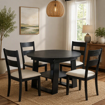 Table de salle à manger extensible ronde à ovale de 43,3" à 59" avec rallonge intégrée, piètement stable en forme de H et tablette de rangement inférieure, noire. Table de cuisine multifonctionnelle pour 4 à 6 personnes.