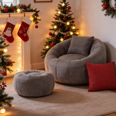 Plush Chenille Bean Bag Chair Set with Ottoman – Ultra-Soft Round Lounge Sofa for Adults, All-Season Cozy Fabric, Versatile Modern Leisure Seat with Accent Pillow for Living Room, Bedroom & Apartment