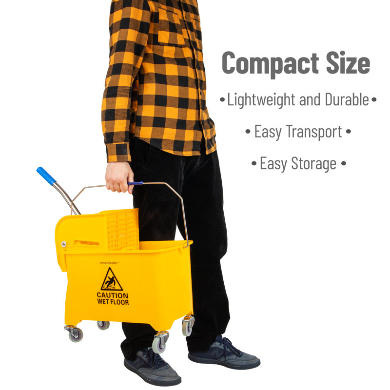 Yellow Polyethylene Mop Bucket with Wringer and Wheels, 22 Qt