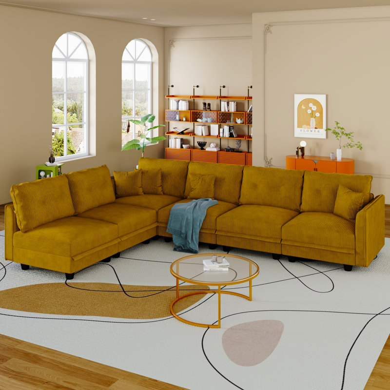 6 Seat Corduroy Convertible Modular Sectional Sofa With Storage, 4 Back Cushion 6 Throw Pillow, Yellow Corduroy