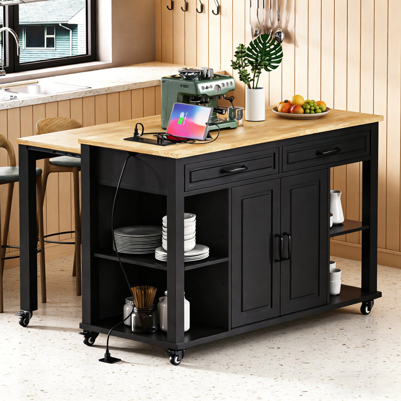 Îlot de cuisine de 47 pouces avec table de salle à manger extensible, rangement, prise de courant et tablettes réglables pour les cuisines modernes.