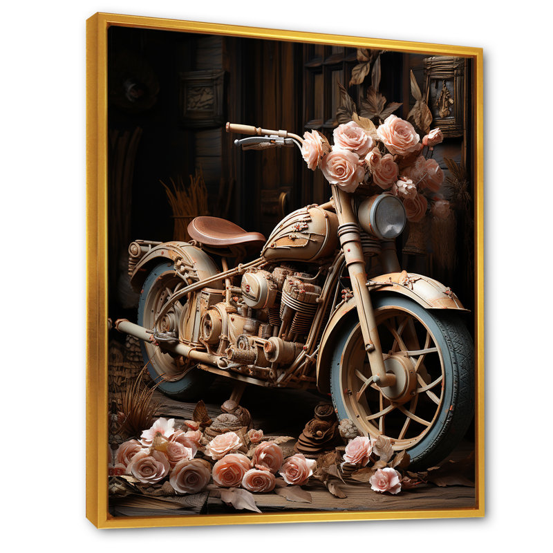 " Rustic Adventure Flower Motorcycle ", Gold Floater Framed, 32" H x 16" W x 1" D