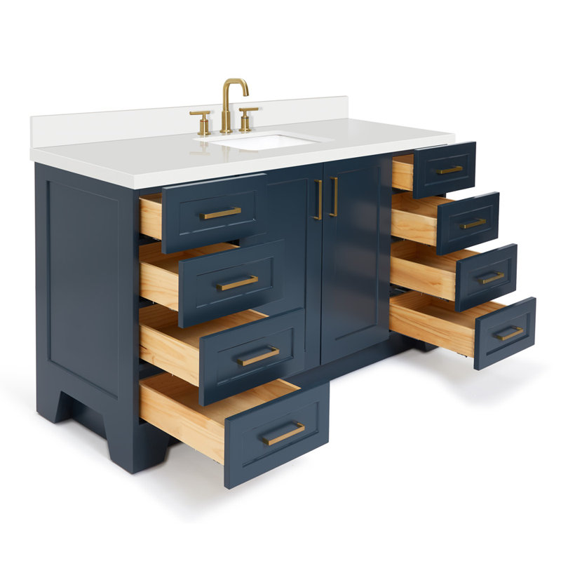 61 IN.  Single Bathroom Vanity, Rectangle, White Quartz, Midnight Blue