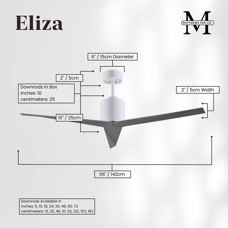 Eliza Outdoor Downrod Ceiling Fan, Gloss White, Brushed Nickel