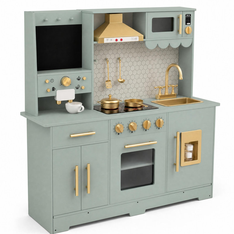 Wooden Play Kitchen with Coffee Maker & Utensils, Blue, 91cm H