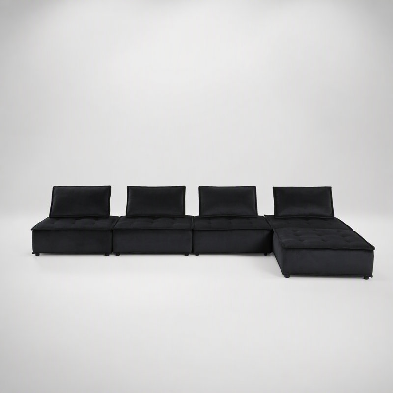 Canapé modulaire en velours noir avec repose-pieds 5 pièces