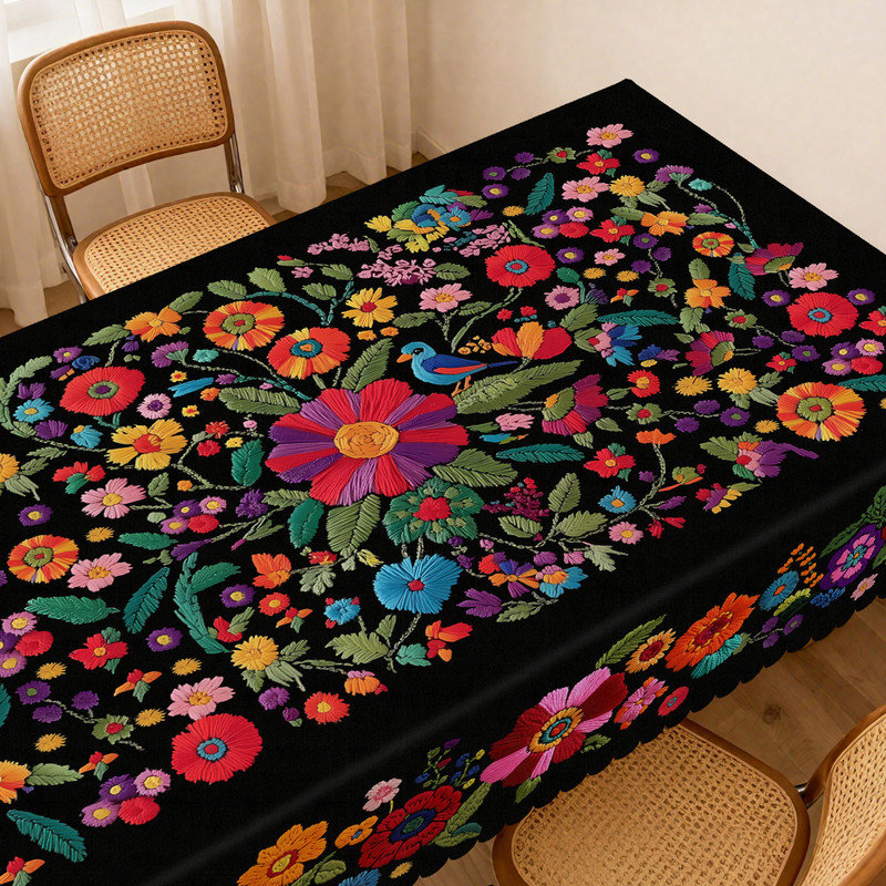 Nappe noire en polyester lavable à motif floral, L 70,8 po x l 55,12 po