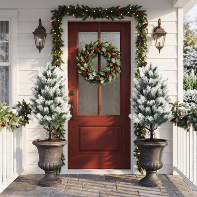 2 Pack Artificial Flocked Cedar Trees, Mini Outdoor Christmas Trees with Ground Stakes, Snow Covered Evergreen Yard Decorations for Porch, Garden and Holiday Decor