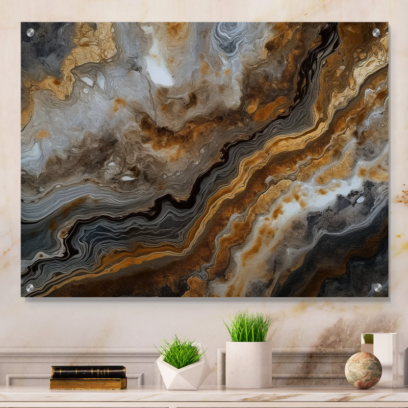 Or et gris, effet de marbre I - art mural acrylique abstrait en marbre, H 12 po x l 20 po