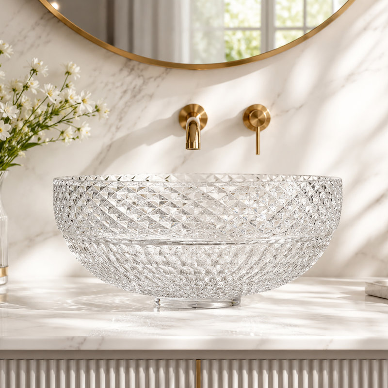 Lavabo de salle de bain vasque ronde en verre trempé 16 po Jewel, Transparent