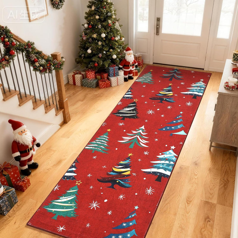 Red 2x6 Runner Rug, Washable Christmas Carpet, Soft Low Pile Non-Slip Rug for Kitchen, Entryway, or Bedroom Decor