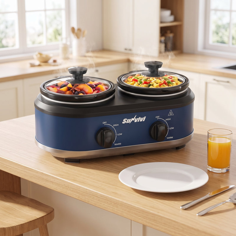 Mijoteuse double de 2,5 litres avec chauffe-plats et 2 récipients amovibles de 1,25 litre, thermostat réglable et couvercles en verre transparent bleu pour la cuisine