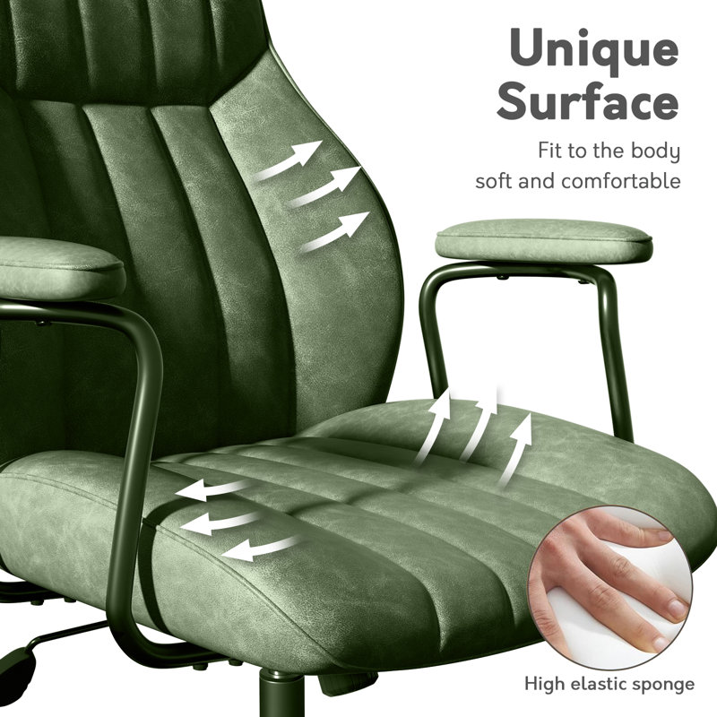 Chaise de bureau en cuir vert avec roulettes et accoudoirs, réglable en hauteur, rétro, style Mid-Century moderne, Vert