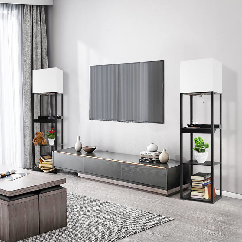 Floor Lamp With Shelves, Modern Standing Lamp With Wireless Charger, 1 Drawer And 2 Usb Ports & 2 Power Outlet, Black