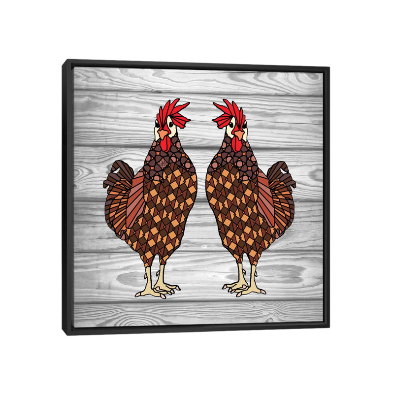 « poulets », impression sur toile tendue, H 18 po x l 18 po x P 1,5 po, Toile encadrée noire, Pas de tapis