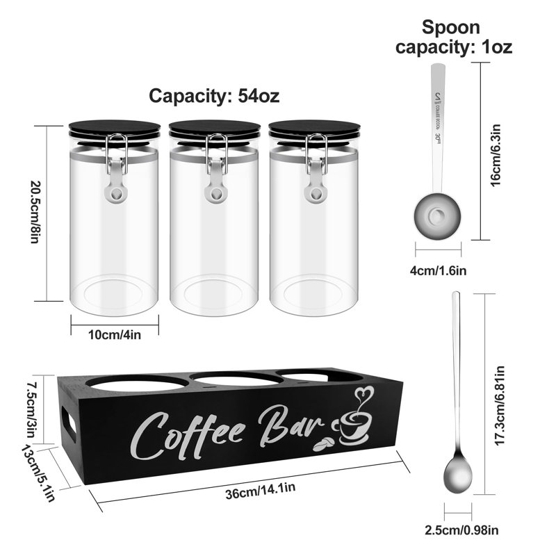 Contenants à café en verre avec tablette Organisateur de station de café 54Oz Cafés en verre noir Contenant à grains avec cuillère Ensemble de contenants à café pour la cuisine