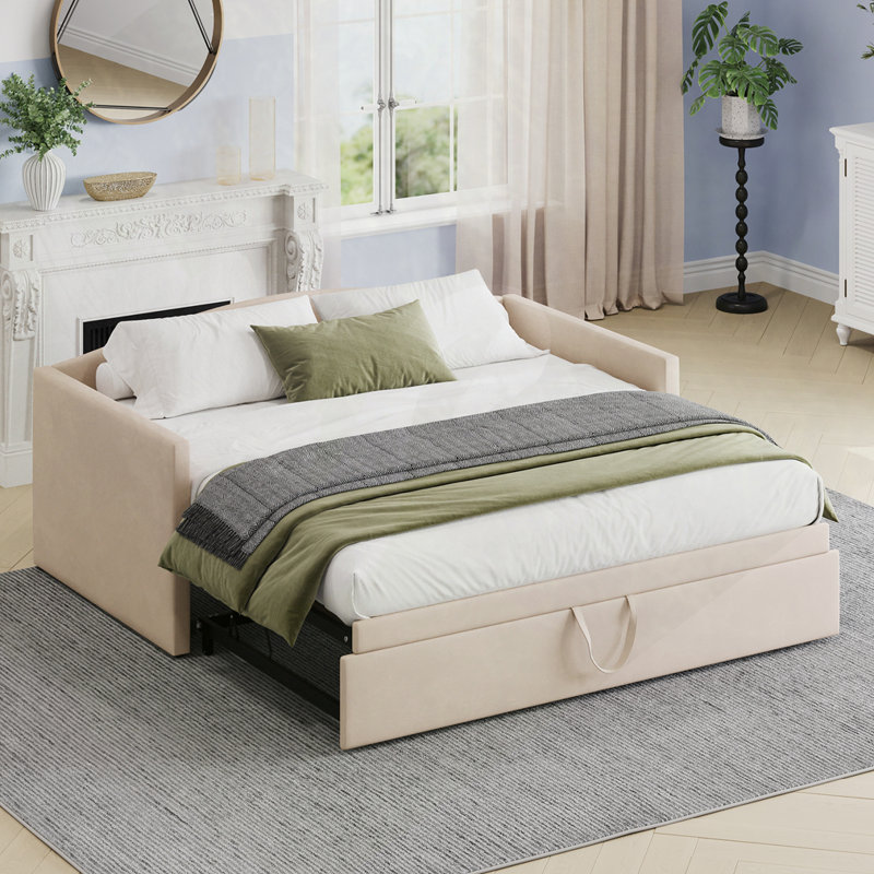 Lit de jour rembourré avec lit gigogne, Beige