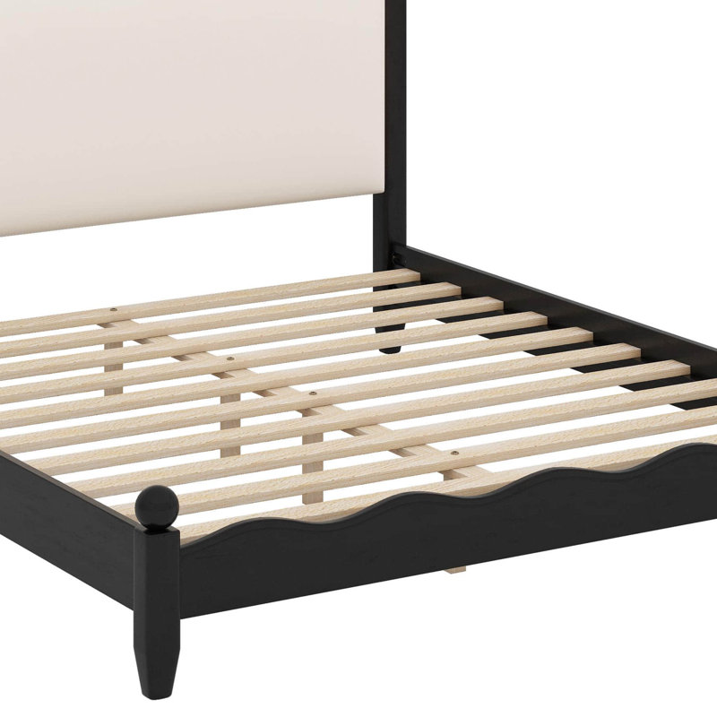 Wood Platform Bed With Upholstered Headboard, Grand lit, Noir / Beige