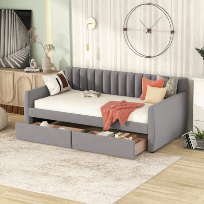 Upholstered Daybed With Drawers, Wood Slat Support