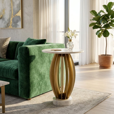 White Marble & Gold Metal Accent Table - 25" Round Modern Glam Side Table for Living Room or Bedroom
