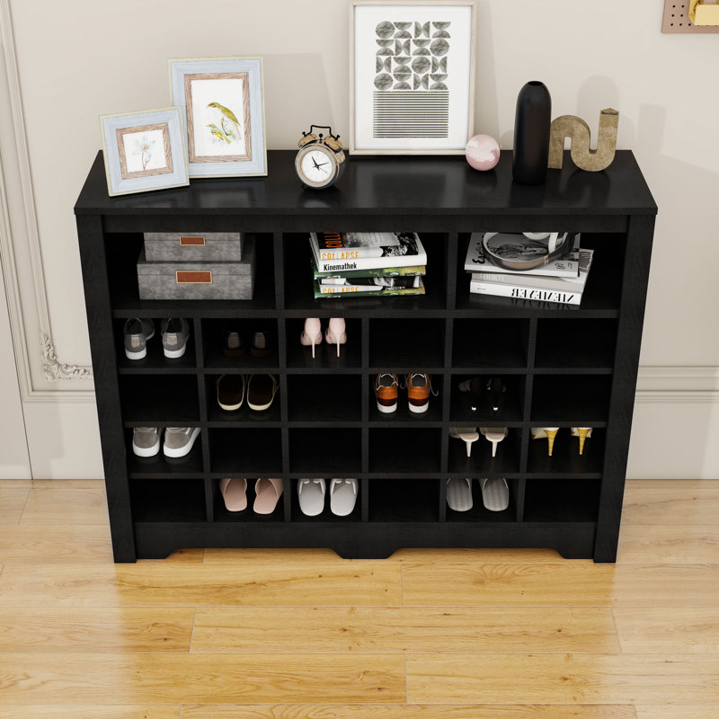Contemporary Wood 24-Cubby Shoe Cabinet with Curved Base for Hallway or Living Room, Black