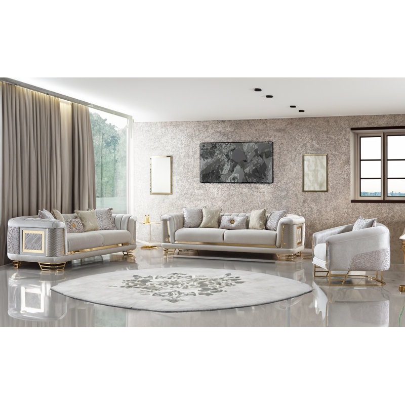 Hela 3 - Piece Velvet Living Room Set, Cream