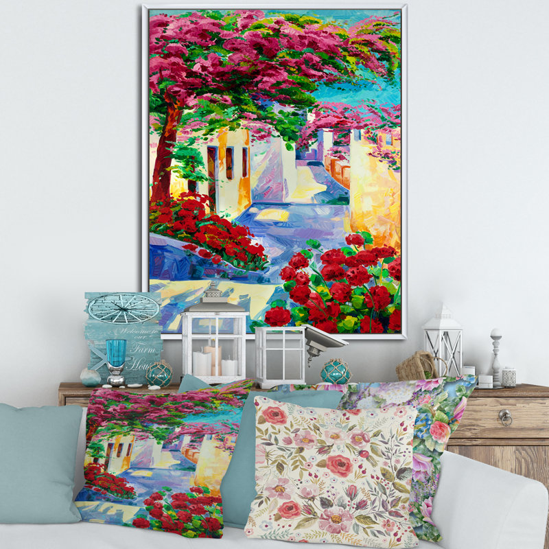 Maisons colorées traditionnelles de Santorin - peinture sur toile, H 32 po x l 16 po x P 1 po, Cadre flottant blanc