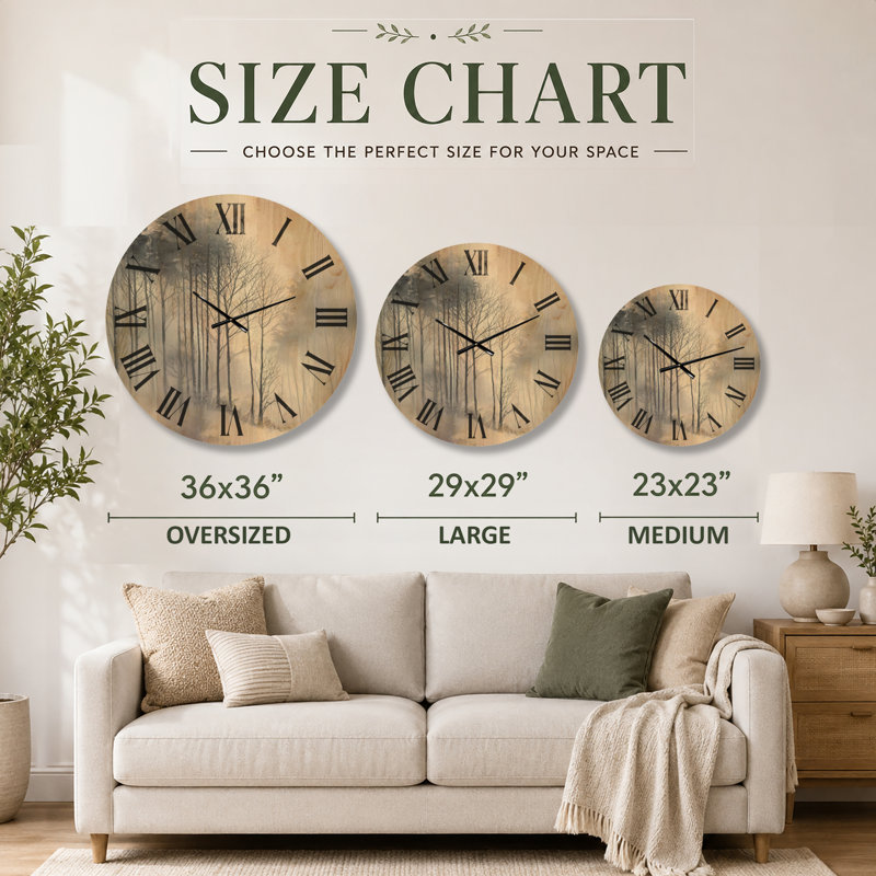 Horloge murale surdimensionnée en bois nature - brouillard d'hiver en forêt, paysage gris et blanc, Oversized