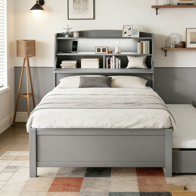 Lit plateforme en bois avec lit gigogne et tête de lit à DEL avec tiroirs, Lit double, Gris