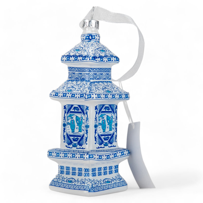Asian Pagoda Blue and White Glass Ornament