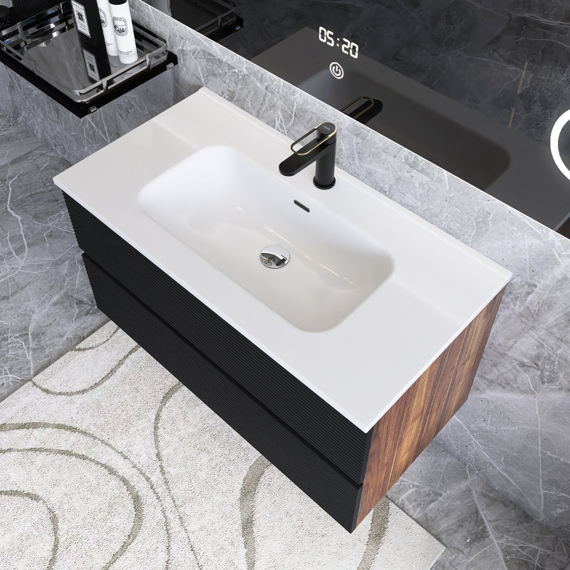Grand meuble-lavabo de rangement mural moderne noir et noyer pré-assemblé avec lavabo en céramique intégré