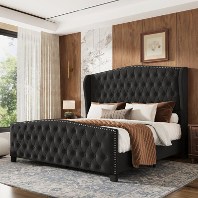 King Size Bed With Upholstered Headboard, Tufted Velvet Platform Bed Frame With Nailhead Trim, Black