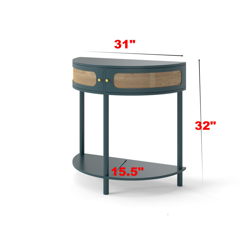 Unique Half Moon Design End Table With Sliding Rattan Door,Elegant Semi-Circle Entryway Console Table With 2 Rattan Storage Cabinet And Bottom Shelf For Living Room, Bedroom, Study, Hallway