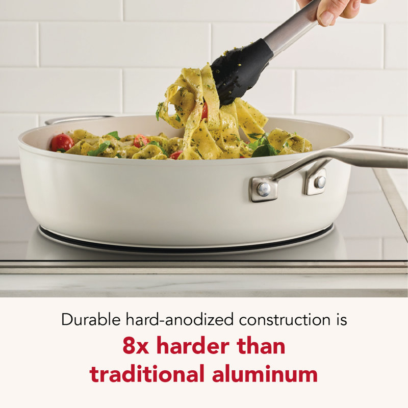 Kitchenaid Hard-Anodized Ceramic Induction Saute Pan With Lid And Helper Handle, 5-Quart, Agave, White