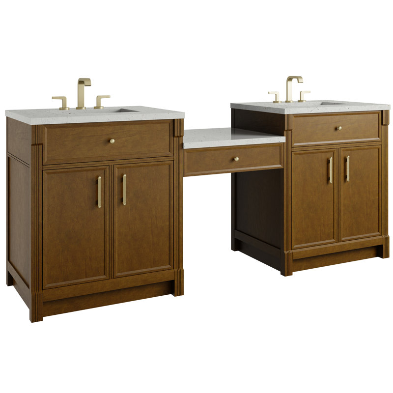 Bellshire 84" W Dual Vanity Set with 24" Make-Up Counter, 8" Widespread, Lime Delight, Honey Oak