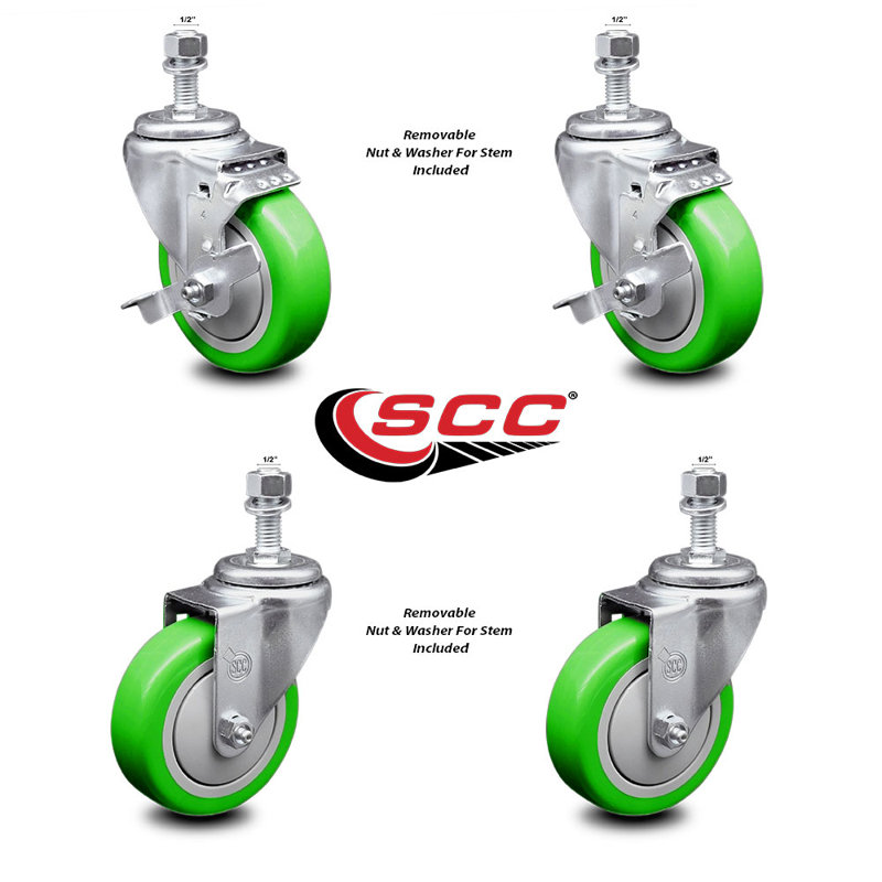 4 Inch SS Green Polyurethane Swivel ½ Inch Threaded Stem Caster Set 2 Brakes SCC