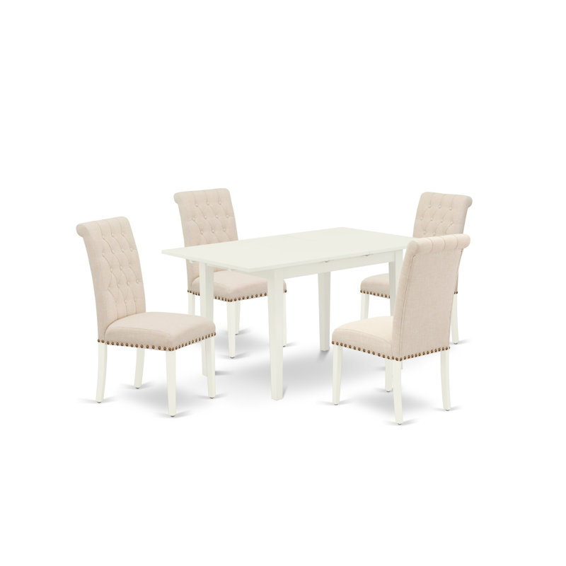 Cet ensemble de table de salle à manger 5 pièces comprend une table de salle à manger rectangulaire avec des rallonges papillon et 4 chaises Parsons en lin beige clair, en lin blanc