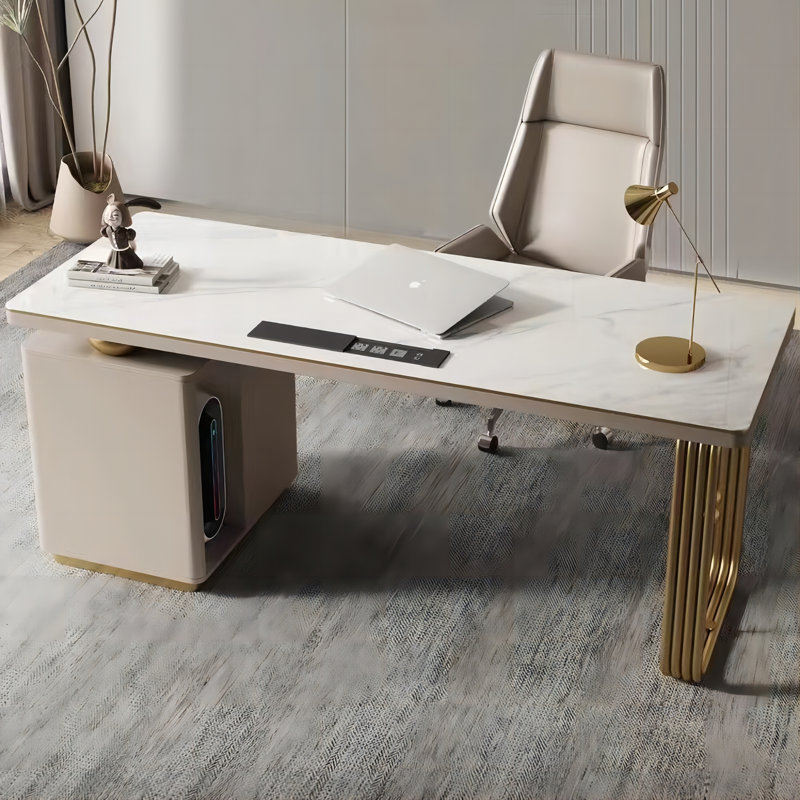 Bureau 62,99 po en pierre frittée couleur café clair, 3 tiroirs, H 29,53 po x l 62,99 po x P 27,56 po