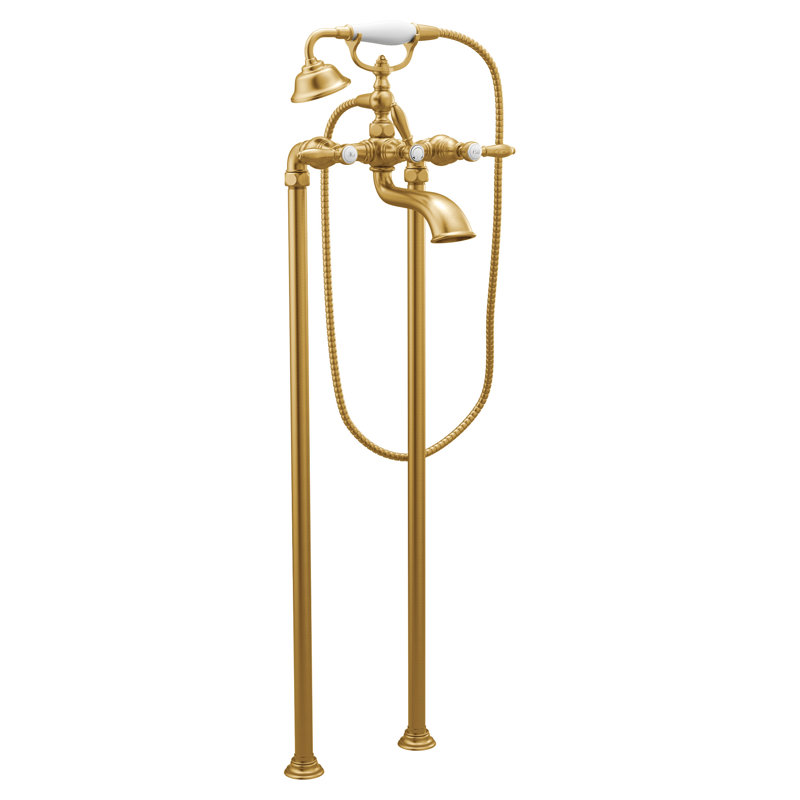 Garniture de robinet au sol à deux poignées avec inverseur et douchette pour baignoire sur pattes Weymouth, Or brossé