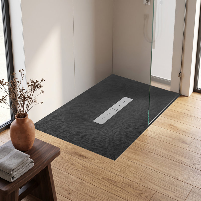Base de douche 59 po x 35 po noire sans barrière avec bonde centrale, fabrication SMC, antidérapante et conforme ADA