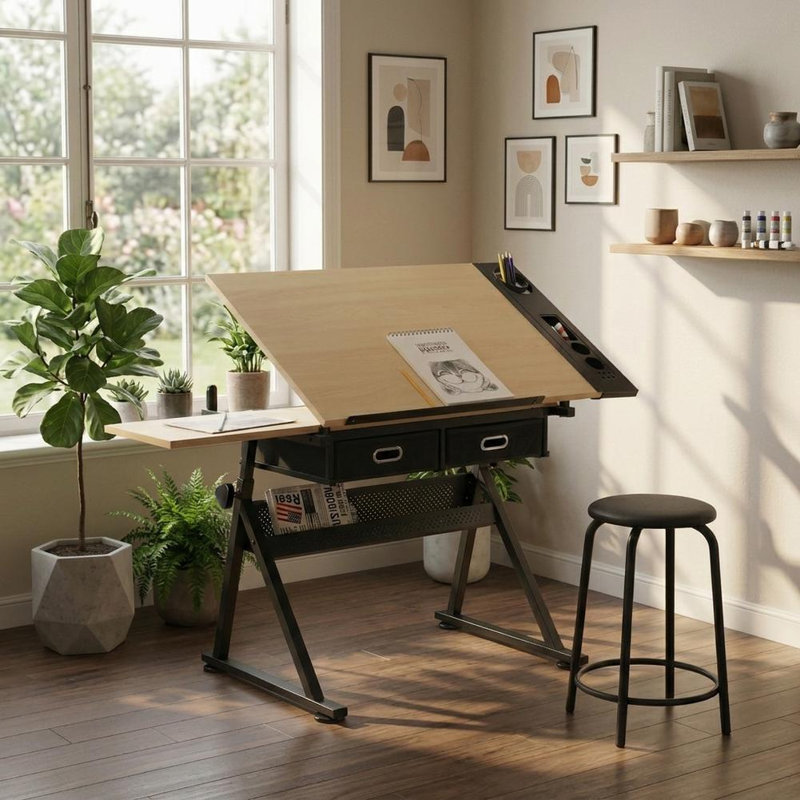 Bureau de dessinateur en érable avec 2 tiroirs et tabouret, Érable / noir
